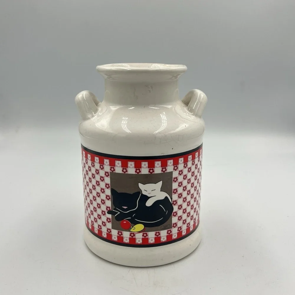 Vintage White Black Red Checkered Jar Jug Canister With Cats Linda Morgan‎ Japan
